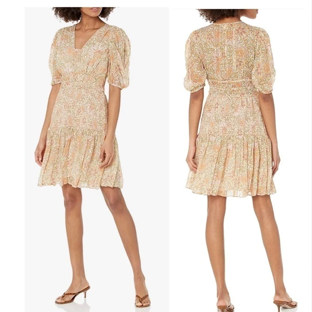 SHOSHANNA Aubrey metallic smocked puff sleeve mini dress size 4 - Picture 2 of 9